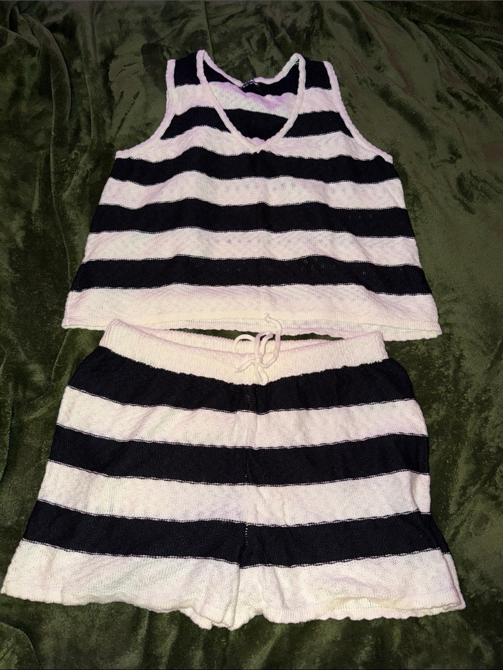 Striped Knit Tank & Shorts Lounge Set - Black and white